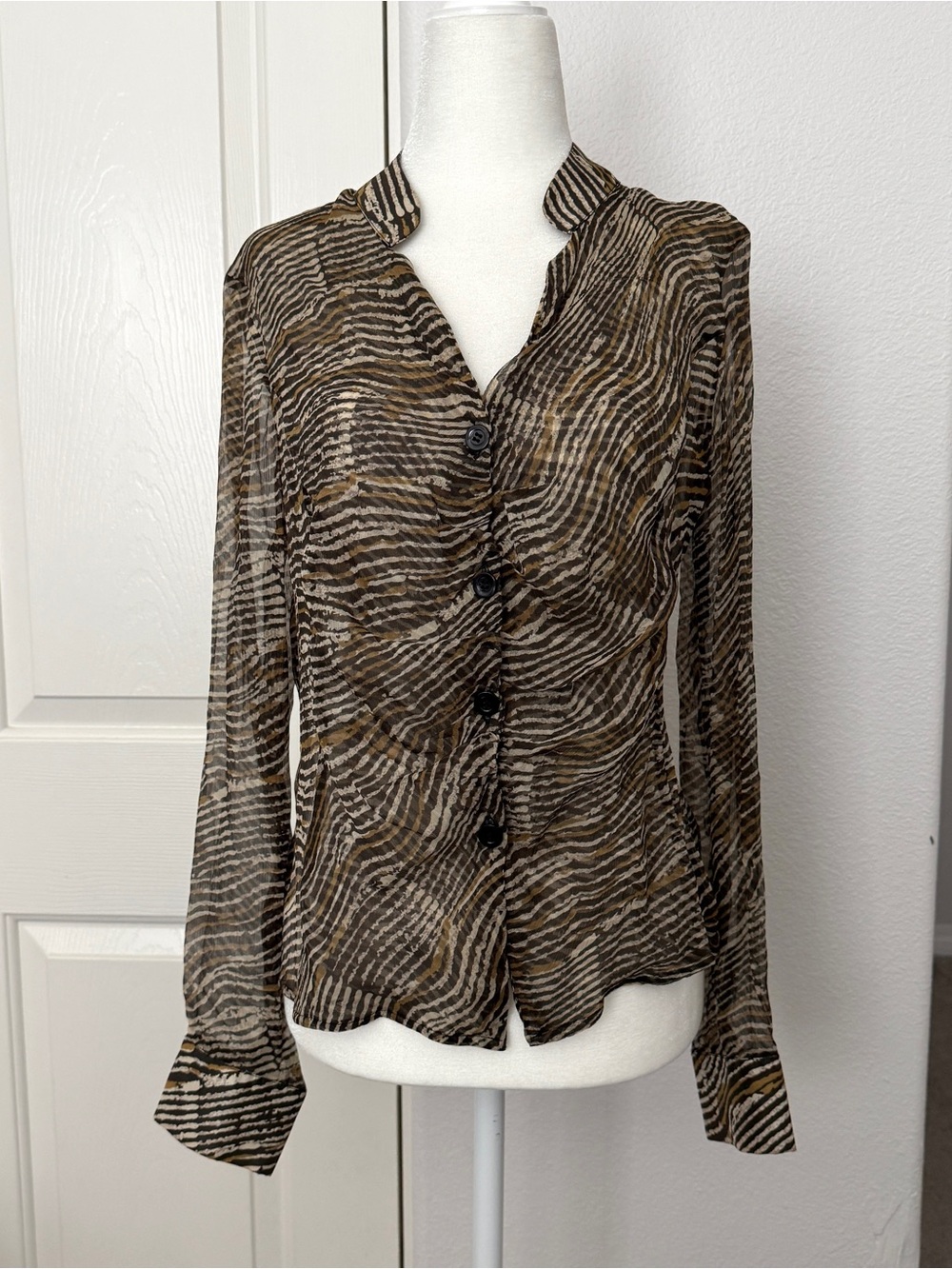 Sheer Brown Zebra-Print Button Front Blouse